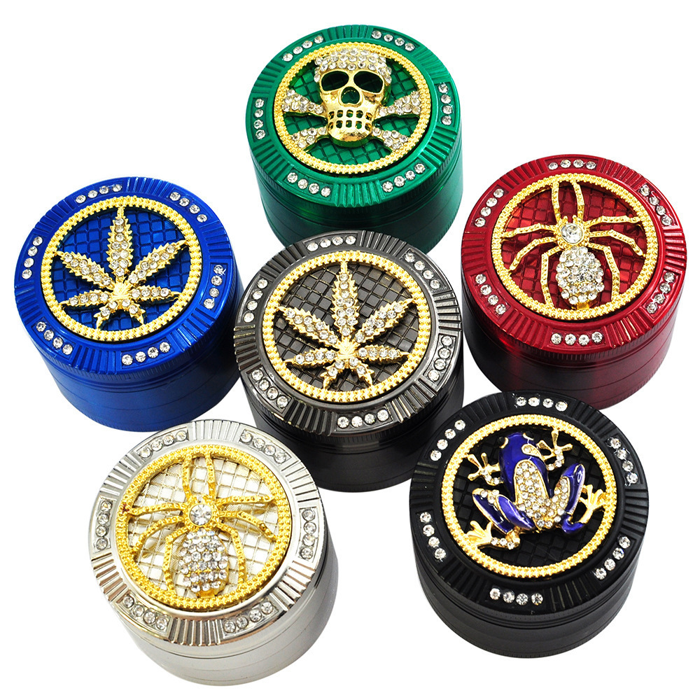 

52mm 6 Color Smoking Accessories 4 Layers Zinc Alloy Diamante Spider Skull Frog Shape Herb Grinder Tobacco Crusher