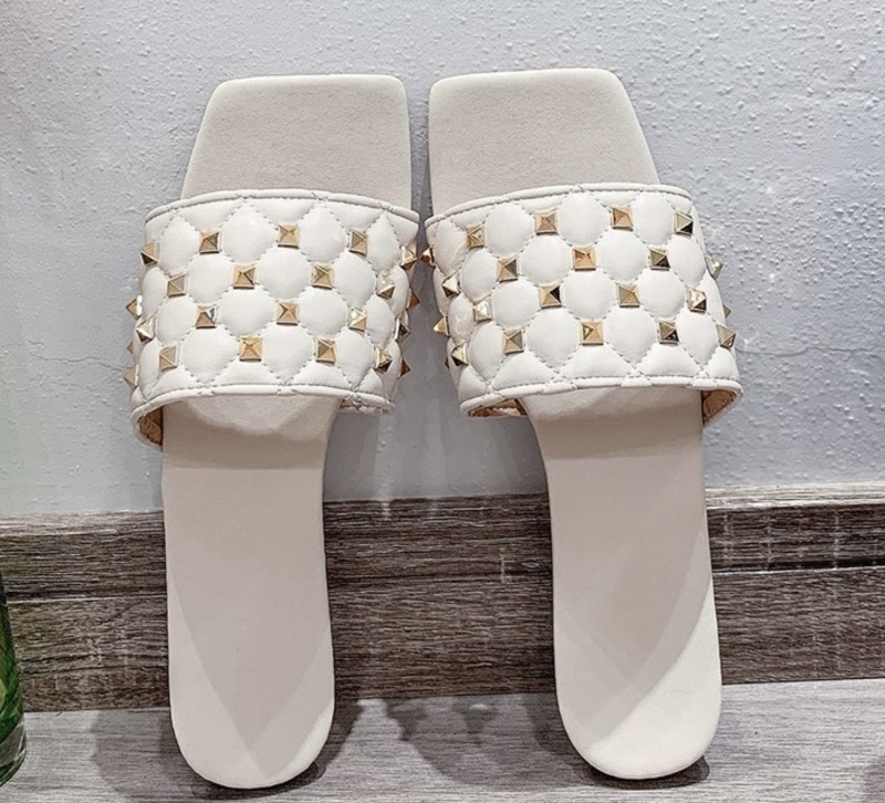 

women square toe sandal rivet slides summer flat slipper quilted stud leather mules shoes good quality big size gr007, Black