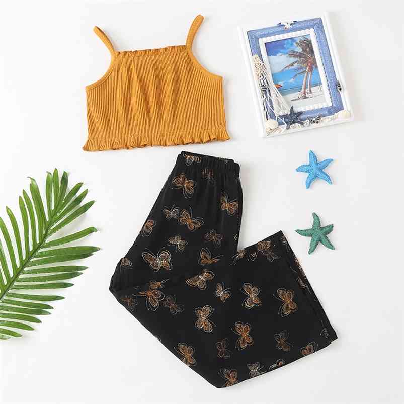 

Winter Children Sets Casual Strap Yellow Solid Tops Print Butterfly Trousers 2Pcs Girl Clothes 18M-6T 210629, Black