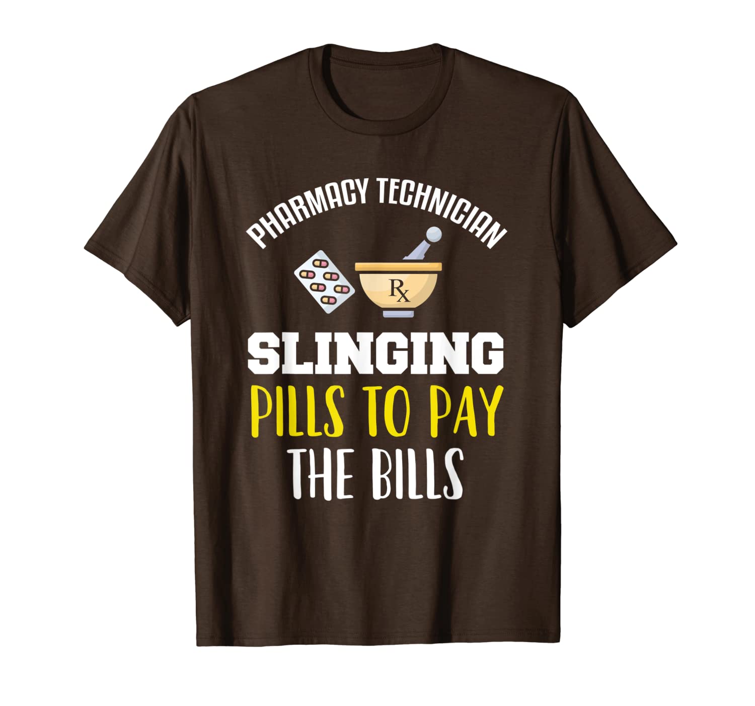 

funny pharmacy technician slinging pills to pay the bills t-shirt, White;black