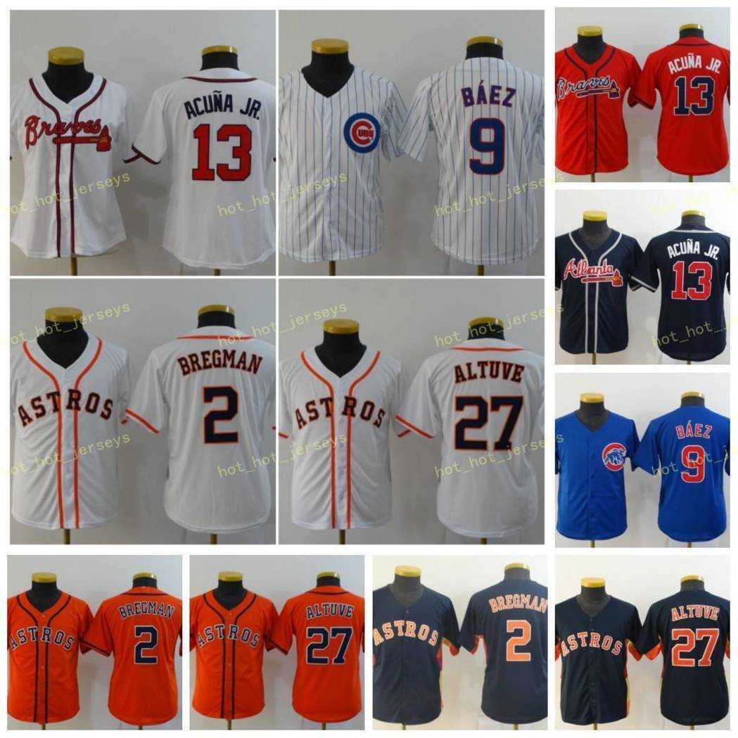 

Youth Kids 13 Ronald Acuna Jr Baseball Jerseys 9 Javier Baez 2 Alex Bregman 27 Jose Altuve Shirt White Blue Orange Red Stitched Size S-XL, Blue;black
