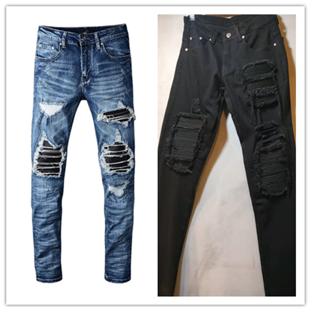 

Luxurys Designer Mens Jeans Summer Design Denim Cotton Black Off Blue Vintage Pants Fashion Slim-leg Holes Motorcycle Biker Leather Patch Tr