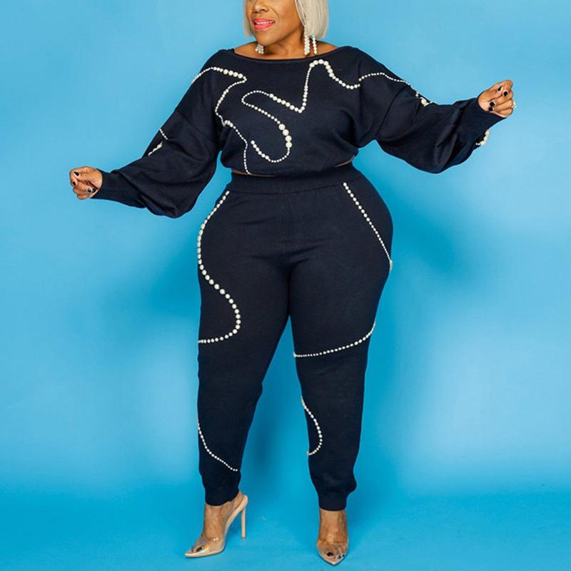 

Plus Size Sets For Women 4xl 5xl Club Outfits Beaded Causal Fashion Loose Blue Blouse & Pants Big 2 Pices Matching Women's Two Piece, Blue sets