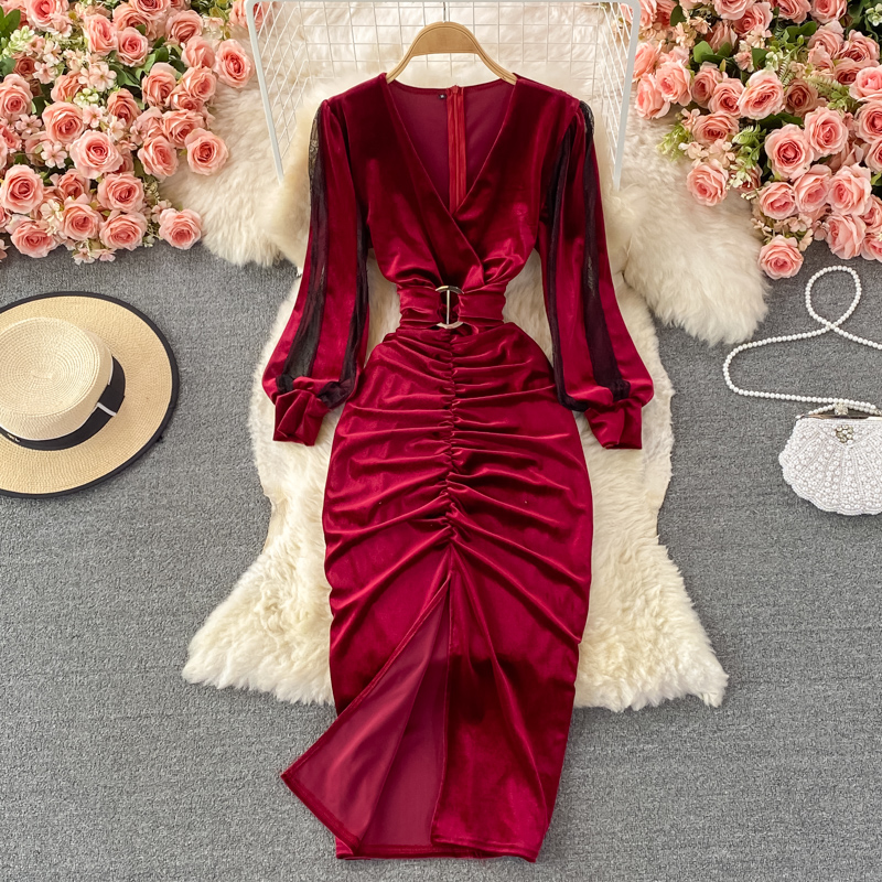 

Autumn Winter Women Black/Red Draped Bodycon Midi Dress Vintage V-Neck Mesh Patchwork Long Sleeve High Waist Vestidos 2022 New