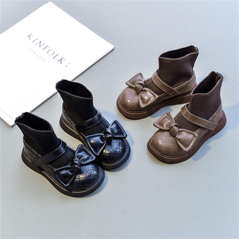 

Autumn Girls Boots Princess Shoes Leather Knit Stitching Cute Butterfly-knot Toddler Fashion Baby Eu 15-25, Black