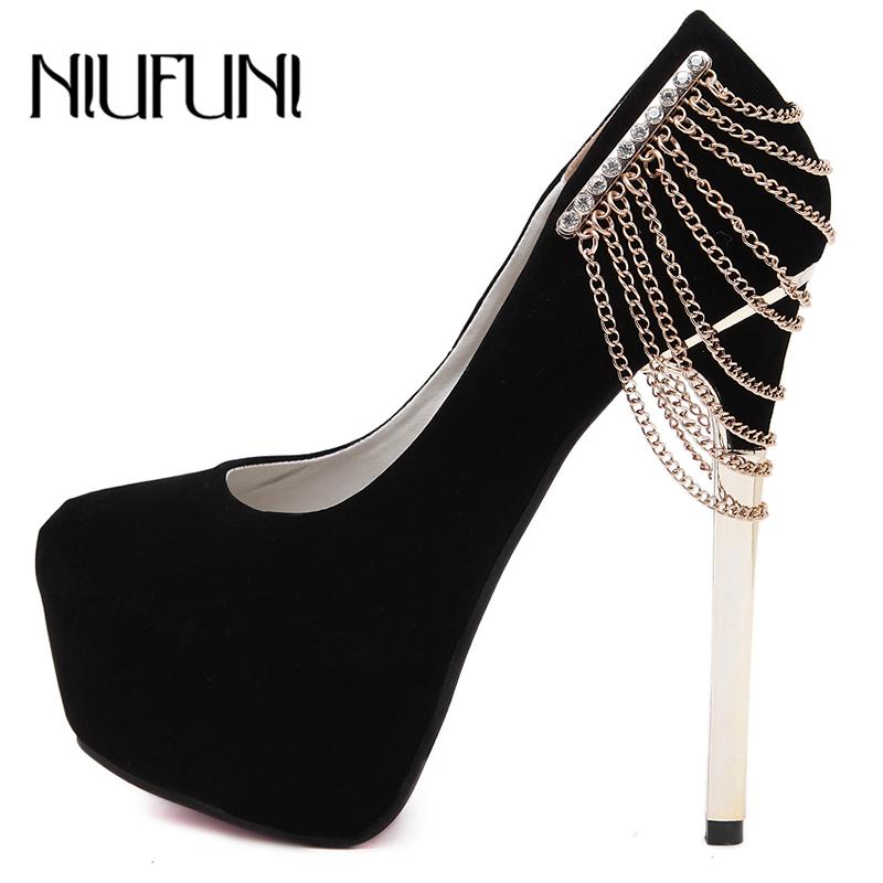 

Dress Shoes Round Toe Mary Jane Pumps Women Platform Rhinestone Model Sandals Chain Ultra Stiletto High Heels Banquet Woman NIUFUNI, Black