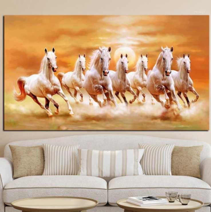 

Paintings Seven Running White Horse Animals Painting Artistic Canvas Art Gold Posters And Prints Modern Wall Picture Quadros Decorativ
