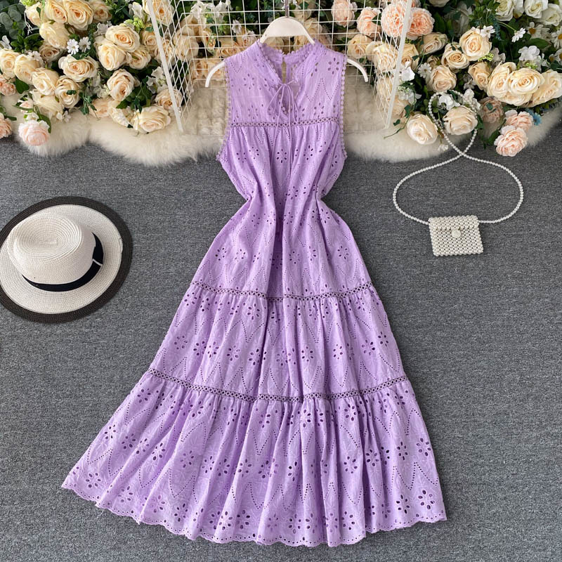 

Casual Dresses Loose sleeveless vest women's summer design sense hollow long holiday OWLN, Pink
