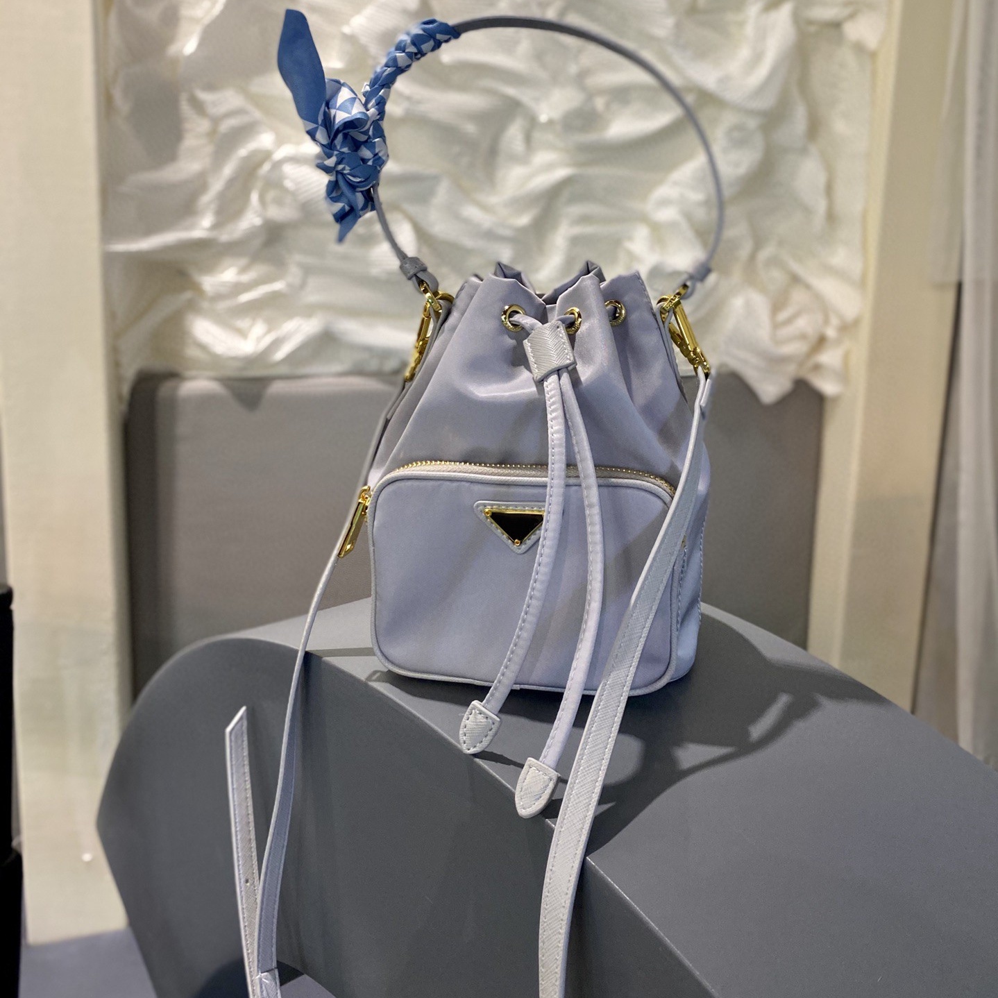 

Luxury ladies nylon bucket bags fashion handbag crossbody shoulder bag portable wallet matching silk scarf gift box packaging triangle letter pattern design, Customize