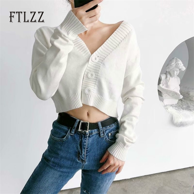 

Fashion Women Short Sweater Spring Autumn Long Sleeve V-neck Single Breasted Knitted Cardigan Korean Ladies Crop Tops 210525