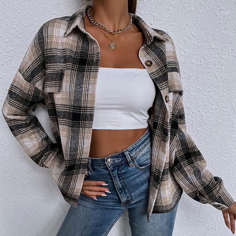 

Women' Jackets Autumn Winter Casual Women Shirts Lapel Geometric Pattern Pocket Ladies Blouses Long Sleeve Plaid Female Shirt 2021, Brown