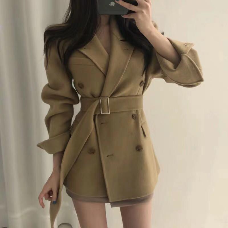 

Women' Wool & Blends Small Woolen Suit Coat Women 2021 Autumn Winter Double Breasted Slim Fit Lace Up Thickened, Black