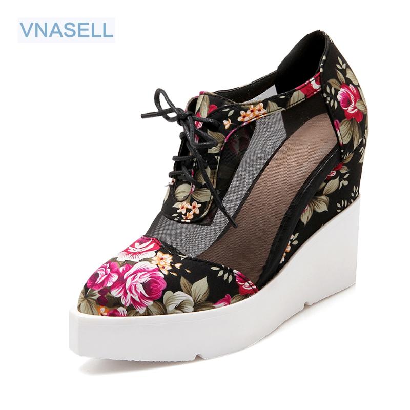 

Ankle Strap High Wedges Platform Summer Pumps For Women Casual Elegant Flower Print Shoes3 Colors Size 34-43 Dress Shoes, Black