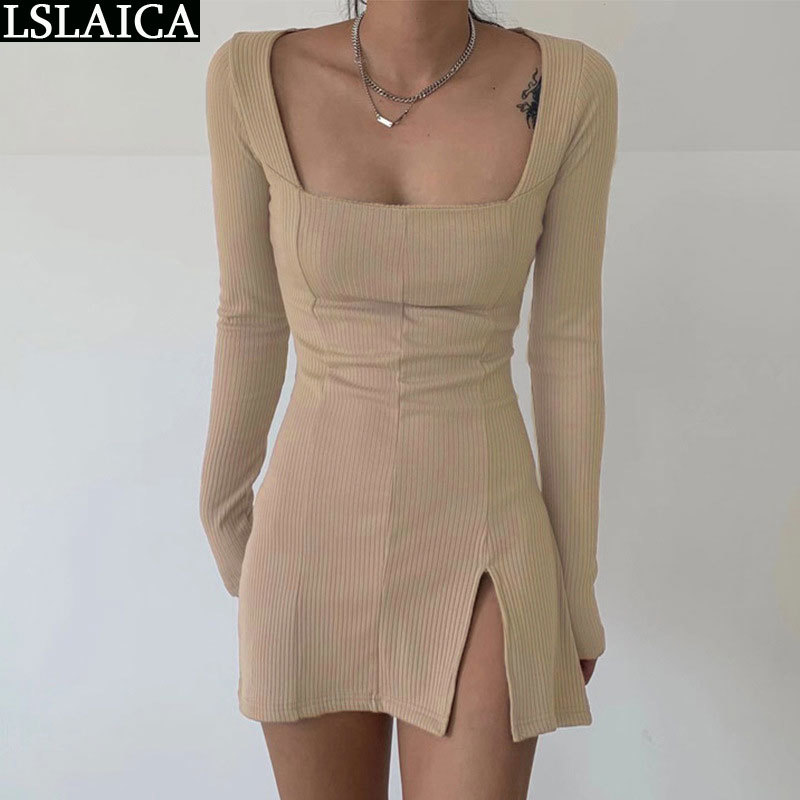 

Party Dresses Women Evening Long Sleeve Square Collar Bodycon Autumn Solid Color High Waist Tshirt Sexy Femme 210520, Khaki
