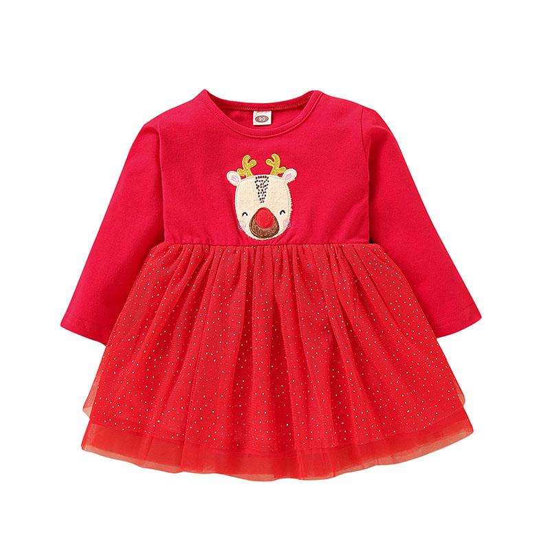 

Girl's Dresses Born Infant Christmas Baby's Clothes Girl Red Dress Kids Deer Long Sleeve Lace Tutu Princess Xmas Children's Clothing