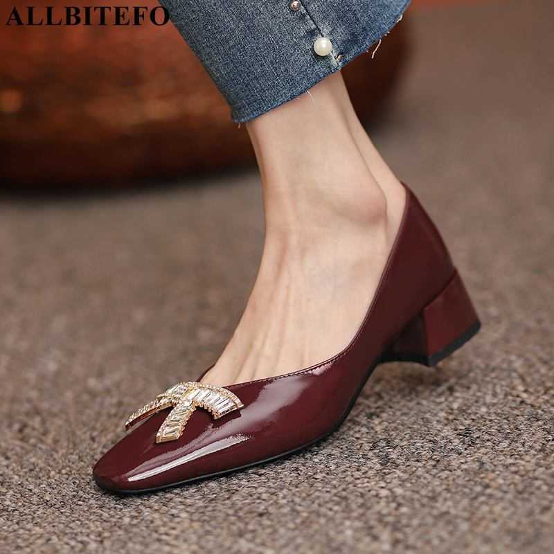 

ALLBITEFO bowkont fashion genuine leather square toe thick heel sexy women pumps high heel shoes party wedding shoes 210611, As picture