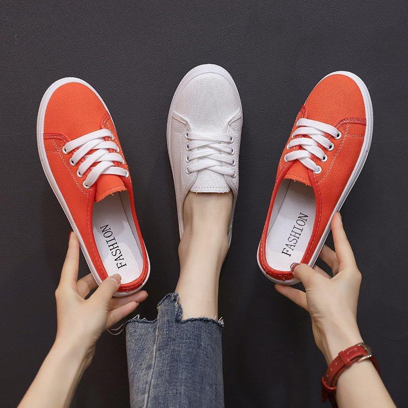 

Low Shoes Woman 2021 Loafers Slippers Flat Pantofle Cover Toe Summer Slides Canvas Basic Cotton Fabric Rubber Female L, Black