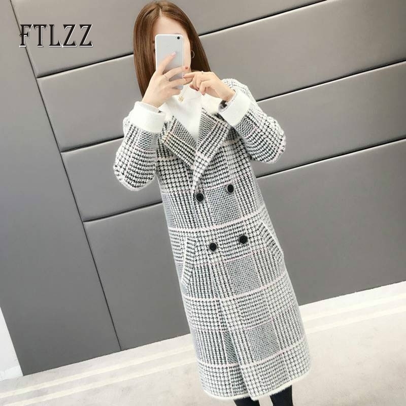

Fashion Female Casual Thickening Plaid Plus Size Mink Velvet Overcoat Winter Medium Long Double-breasted Blend Coat 210602