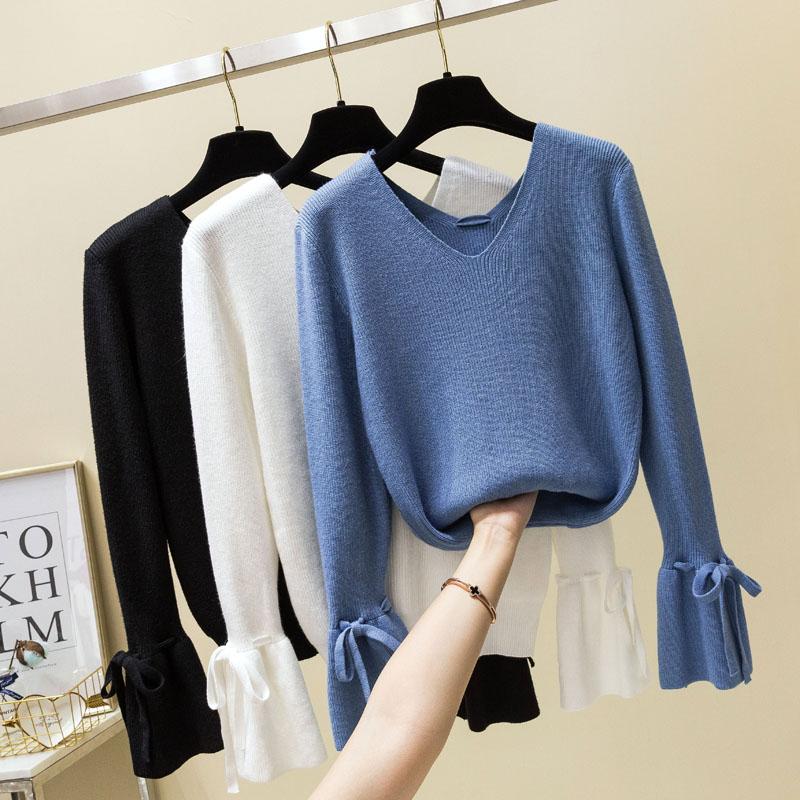 

Women's Sweaters AOSSVIAO 2022 Autumn And Winter Loose Knit Sweater Korean Style Pullover V Neck Bow Casual Jumper Black Blue, White;black