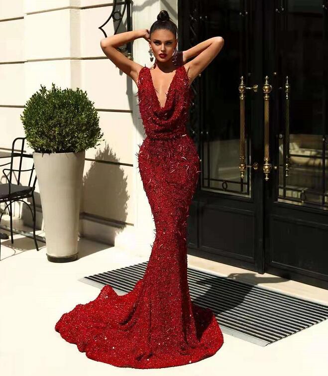 

Women dress Yousef aljasmi Evening V-Neck Red Lace Feather Sequines Mermaid Split Long dress Labourjoisie Kim kardashian kylie jenner, Customize