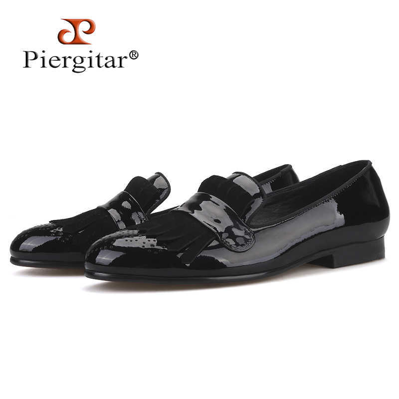

Piergitar style Handmade Men Patent Leather shoes with Classical Brogue Printing and Suede Fringe Party men loafers, Chocolate