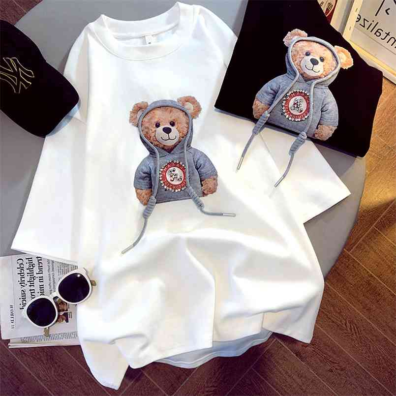 

Pure cotton T-shirt female summer student short-sleeved printed bear top loose Korean version of bottoming shirt 210708, Beige