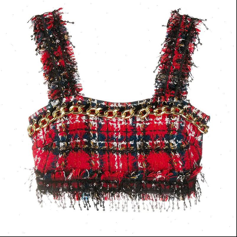 Haute Qualité Plaid Top Femmes Camis Summer Summer Tassel Sequins Tabine en métal Tweed pour Fête Camisole Crop Sling