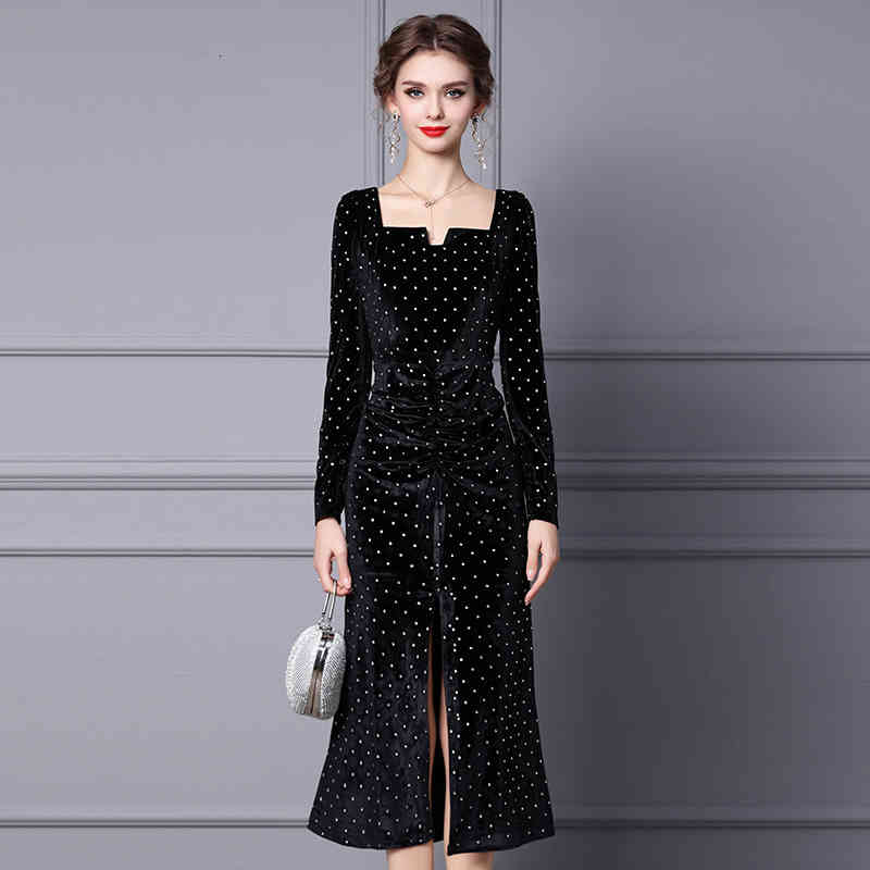 

Casual Dresses Zhili golden velvet dress long winter French front split waist slim fishtail skirt Z5JJ, Black