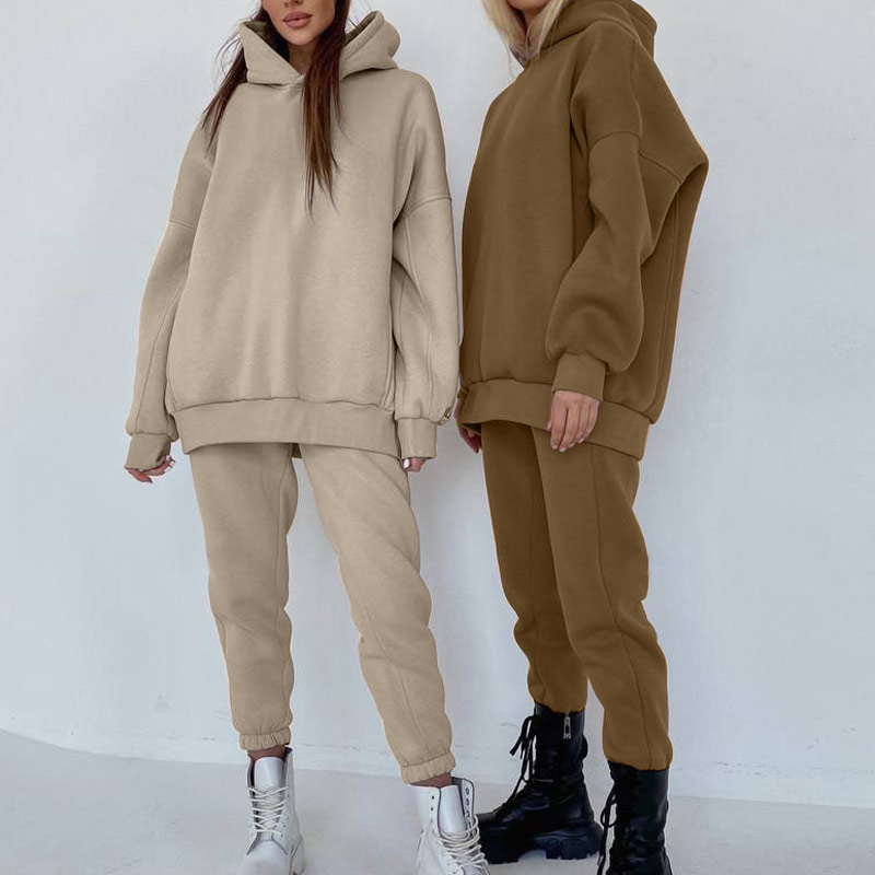 

Women's Tracksuits Fleece Hooded Two Piece Set Oversized Hoodies Jogger Pants Sets Female 2021 Autumn Casual Lady Sportswear Suit, Coffee