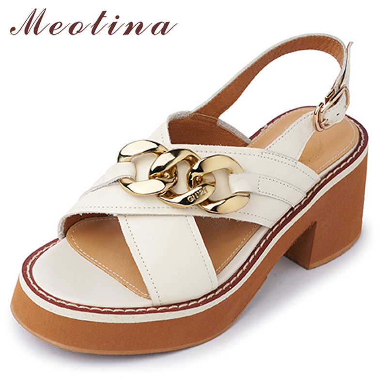 

Meotina Women Shoes Genuine Leather Sandals Platform High Heel Sandals Chain Thick Heel Shoes Round Toe Ladies Footwear Brown 210608, Beige