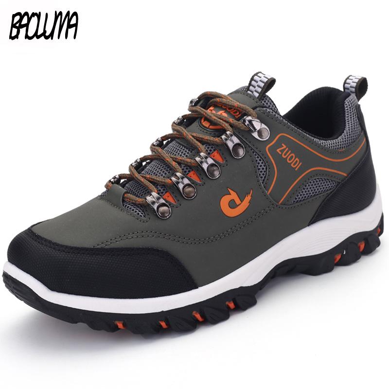 

Brand Men Hiking Shoes Leather Men's Casual Shoes Outdoor Mens Sport Trekking Shoes Waterproof Mens Climbing Athletic Sneakers, Black