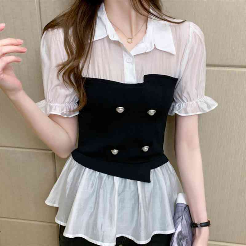 

white patchwork button blouses summer elegant short sleeve slim shirts korean womens clothing blusa feminina