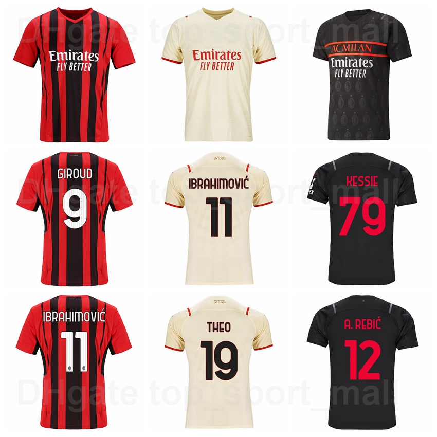 

2021 2022 AC Milan Soccer Jersey 11 IBRAHIMOVIC 9 GIROUD 79 KESSIE 12 REBIC 17 LEAO 10 BRAHIM 19 THEO 8 TONALI 56 SAELEMAEKERS Football Shirt Kits Home Red Black Beige