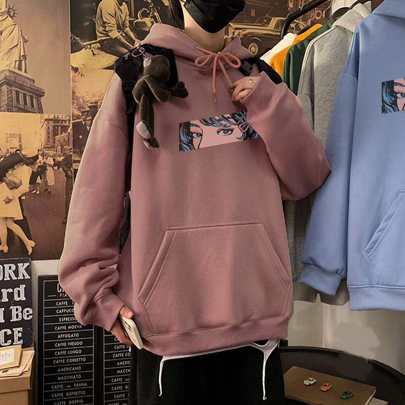 

Anime Heads Print Hooded Female Sweatshirts Oversize Drop Shoulder Pockets Woman's Hoodies Pullovers Spring Casual Tops 210518, Beige