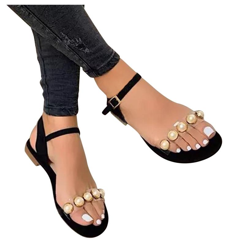 

Sandals JAYCOSIN Women's Flat With Rhinestone And Pearl Buckle Casual Shoes Breathable Outdoor Leisure Fashion Slippers, Black