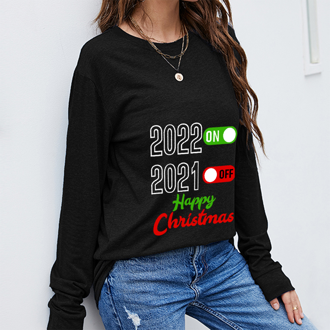 

Autumn T-shirts Women Clothing Winter Casual Sport Loose Street Wear Pullovers Christmas Pattern English Letters Printing Tops Ladies Long Sleeve O-neck Tees, Black 2
