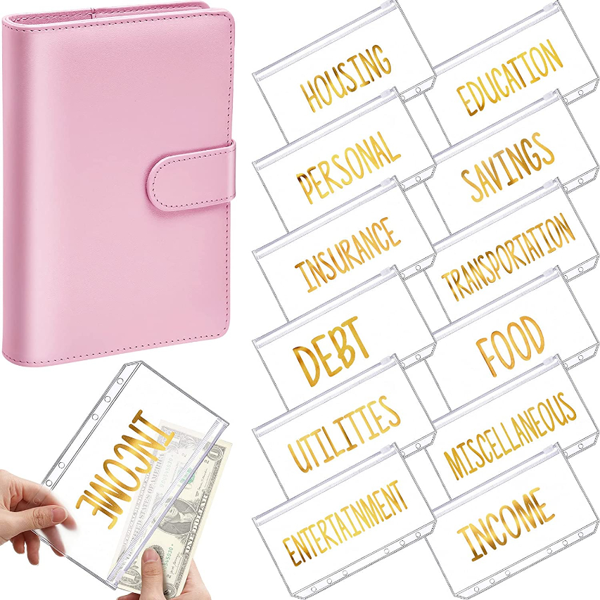 

A6 PU Leather Binder Budget Cash Envelope Organizer Personal Wallet 12 Binder Pockets Zipper Folders for Planner Saving Money