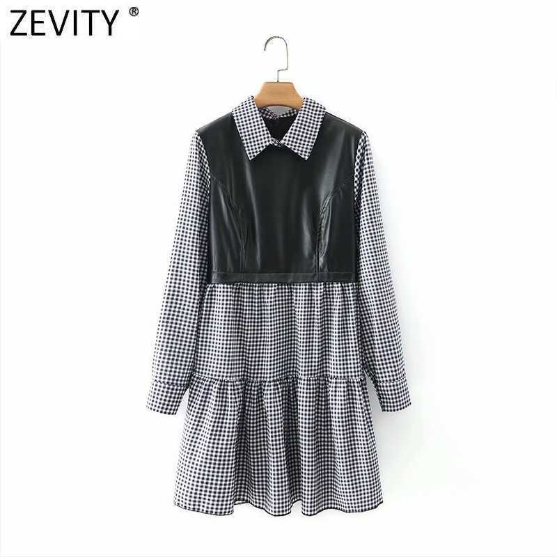 

Zevity Women Vintage Turn Down Collar Faux Leather Patchwork Pleats Dress Female Long Sleeve Back Zipper Ruffles Vestido DS4987 210603, Fxjc ds4987w