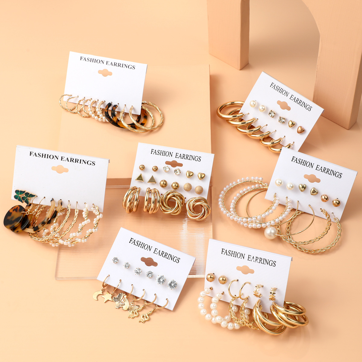 

6Pcs/Set Fashion Hoop Huggie Big Circle Gold Color Simulation Pearl Geometric Hoop Earrings For Women Butterfly Rhinestone Earings Jewellery, Golden;silver