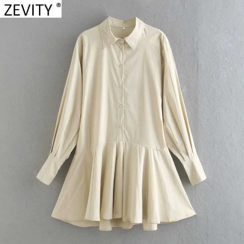 

Zevity Women Fashion Solid Color Lantern Sleeve Business Shirt Dress Female Hem Pleat Ruffles Irregular Mini Vestido DS4870 210603, As pic ds4870she