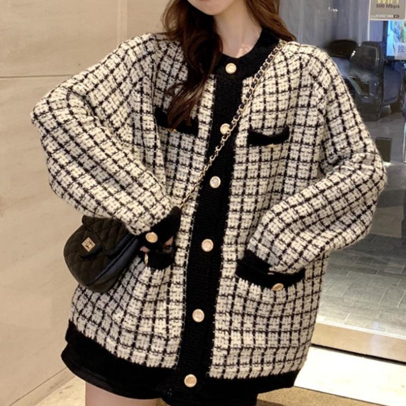 

Women's Knits & Tees 2021 Sweater Coat Retro Shirt Check Long Sleeve Single Breasted Plaid Loose Knit Cardigan Tide Ladies, White