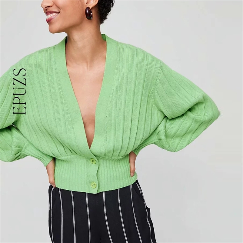 

Sexy Neck green Black cardigan sweater women Ribbed Trims Crop casual long sleeve knitted winter clothes 210521, Red