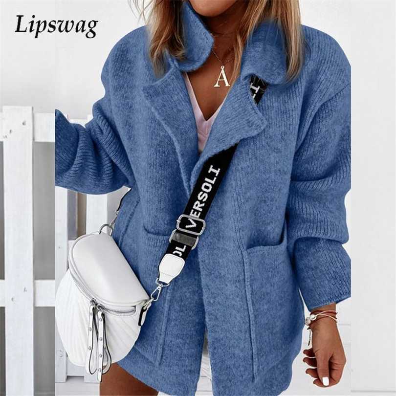 

Autumn Solid Turn-Down Collar Loose Tops Cardigan Fashion Pocket Women Knitted Sweater Winter Long Sleeve Thick Sweaters Jumper 211018, Blue