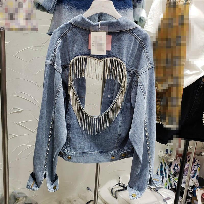 

Women's Jackets Jeans Jacket Heavy Industry Rhinestone Chain Lovely Back Hollow Denim Cropped Coat Ladies, Blue
