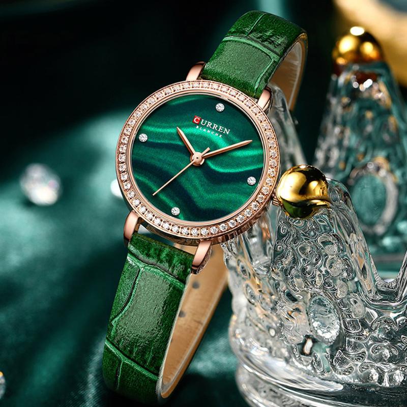 

Wristwatches Fashion Green Leather Watch For Women Curren Quartz Wristwatch Woman Rose Gold Womens Watches Bling Crystal Clock