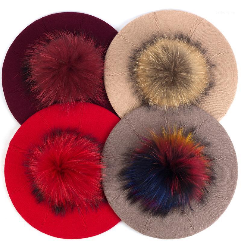 

Charm Wood Style Elegant Women Girls Beret Warm Soft Elastic Winter Female Hat Ladies Solid Color Cap With Real Fur Pompom Berets, Black a