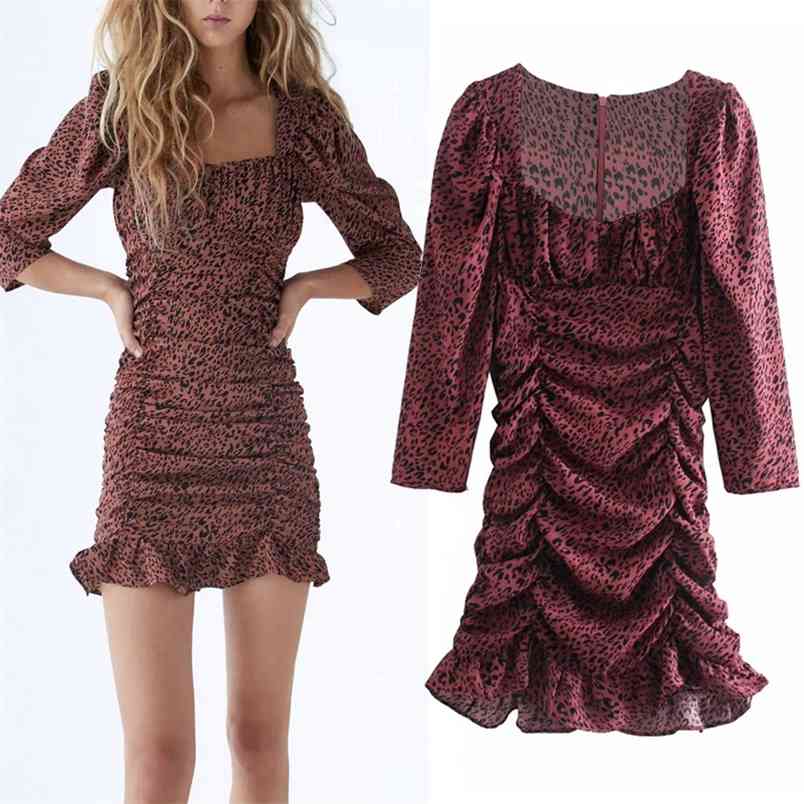 

Red Printed Draped Mini Dress Women Vintage Square Neck Wrist Sleeve Ruched Ruffled es Woman Back Zip Slim 210519, Print