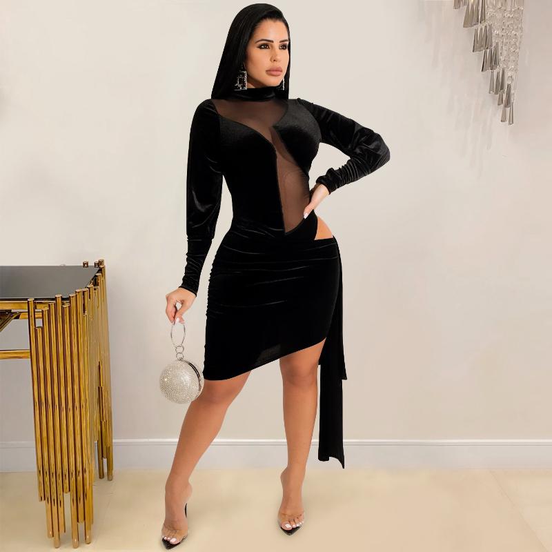 

Casual Dresses EWSFV 2022 Autumn And Winter Women Fashion Sexy Nightclub Solid Color Round Neck Mesh See Through Long Sleeved Dress, Black;gray