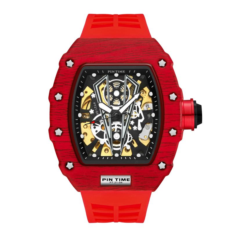 

Wristwatches Fashion Men Sport Automatic Red Watch Mechanical Movement Rubber Strap Luxury Style Hollow Dial Gift