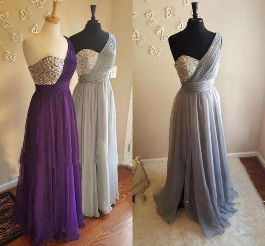 

Bridesmaid Dress Silver Gray One Shoulder Dresses Crystal Beaded Pleated Chiffon Floor Length Wedding Guest Gowns Maid Of Honor